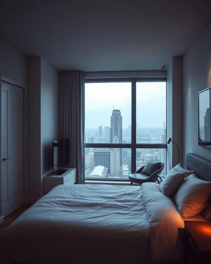 Modern condo bedroom with city skyline view