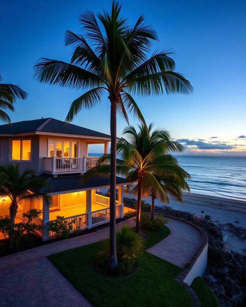Coastal Florida beachfront home framed by palm trees at dusk