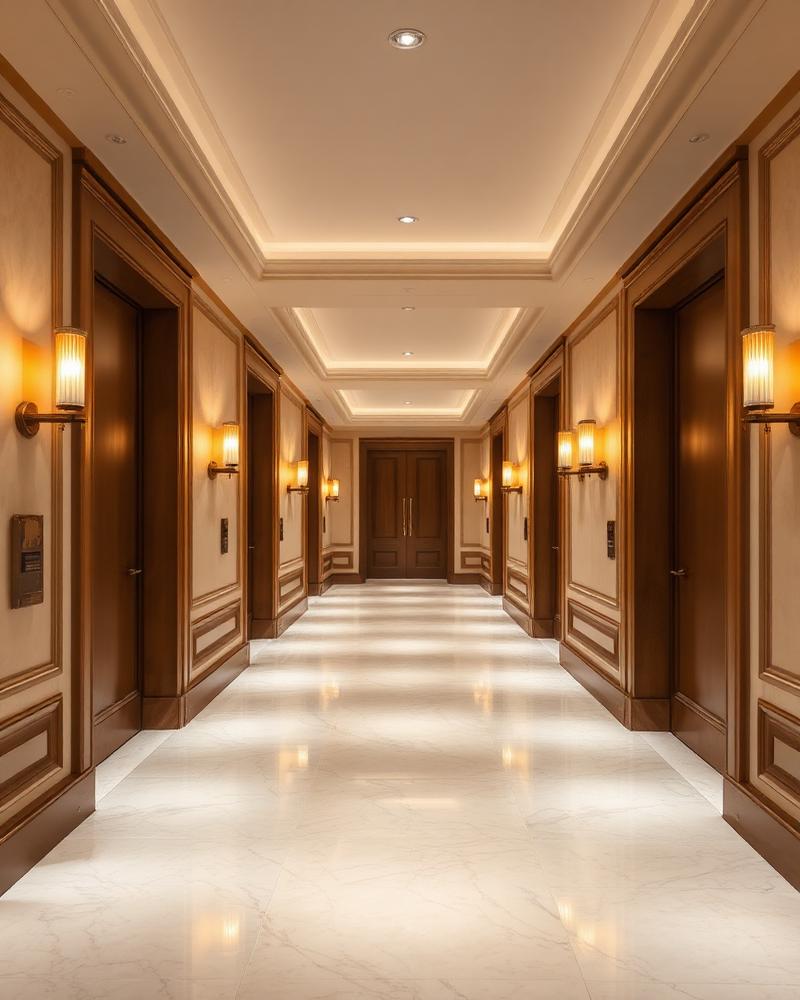 Luxury hotel corridor lined with guest room doors