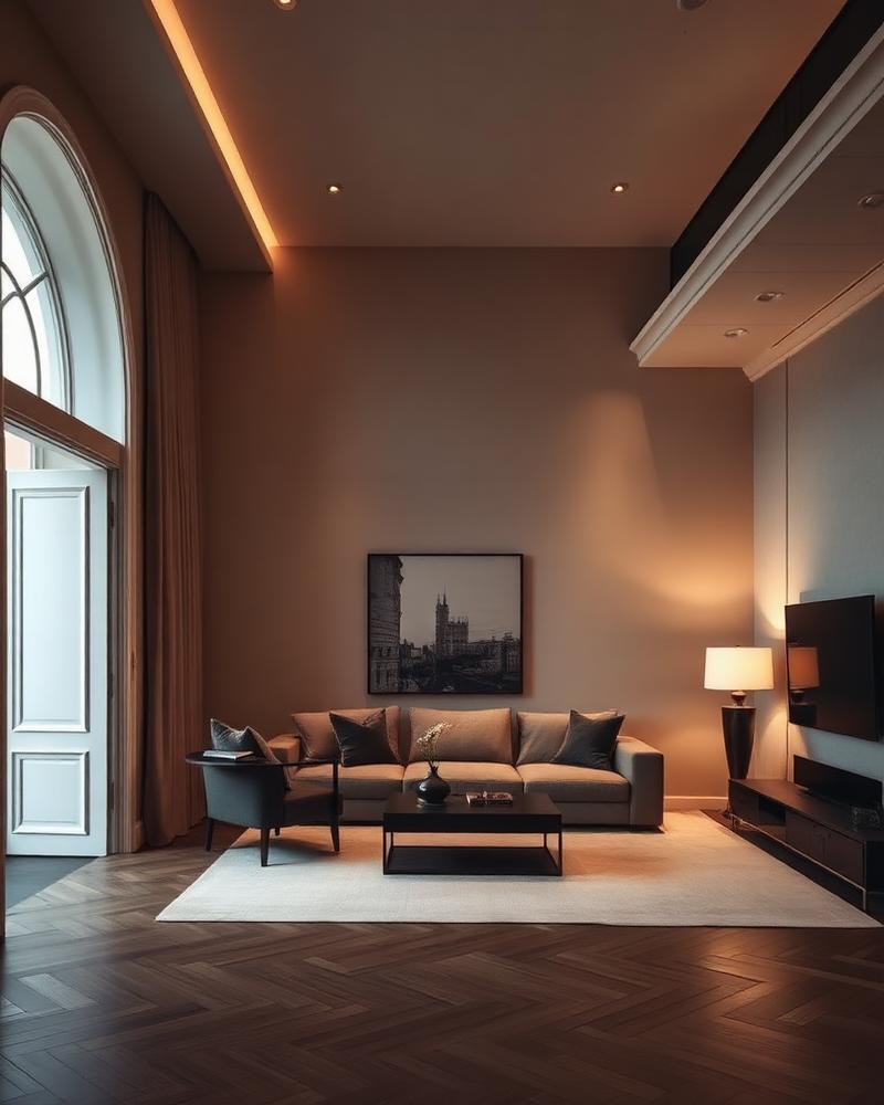 Modern residential living room with a white interior door